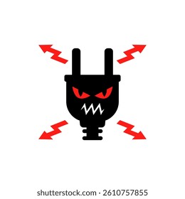 Angry electrical plug emitting lightning bolts and electric current with sparks. Cartoon vector illustration on white background.