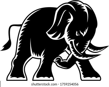 Angry Elephant Charging Attacking Side View Mascot Woodcut Black and White