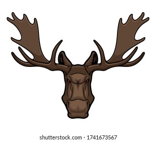 Angry elk or moose mascot with horns, isolated animal head vector icon, hunting club or sport team mascot emblem. Wild forest elk, cartoon hoofed horned mammal herbivore muzzle with red eyes