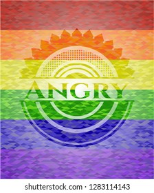 Angry emblem on mosaic background with the colors of the LGBT flag