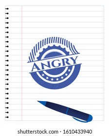 Angry emblem with pen effect. Blue ink. Vector Illustration. Detailed.