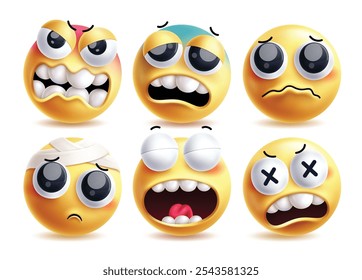 Angry emoji clipart vector characters set. Emojis yellow clip art character in bad mood, worried, mad, bandage, cry and disappointed facial expression in white background. Vector illustration angry 