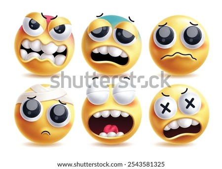 Angry emoji clipart vector characters set. Emojis yellow clip art character in bad mood, worried, mad, bandage, cry and disappointed facial expression in white background. Vector illustration angry 