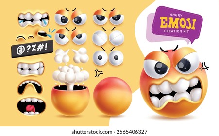 Angry emoji creation kit clipart 3d character set. Emoji editable face with mouth, eyes and head with mind blown, furious, giggle and unhappy expressions graphic elements. Vector illustration angry