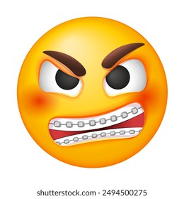 Angry emoji with dental teeth braces. Emoticon on white background. Cute emoticon