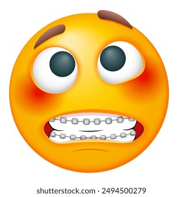 Angry emoji with dental teeth braces. Emoticon on white background. Cute emoticon