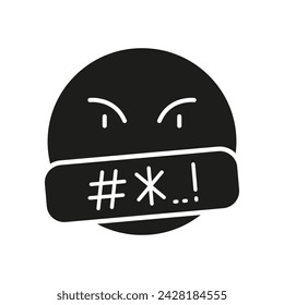 Angry Emoji Face Silhouette Icon. Curse Emoticon With Symbols Over Mouth Pictogram. Bad Customer Feedback, Negative Emotion Solid Sign. Complain Message Symbol. Isolated Vector Illustration.