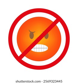 Angry emoji icon. Orange face with teeth. Crossed out anger symbol. Vector illustration.