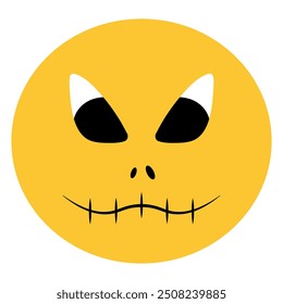 Angry emoji. The mouth is sewn shut. Yellow round. Color vector illustration. Isolated background. Cartoon style. An ominous grimace with a scar. Angry look. Idea for web design.