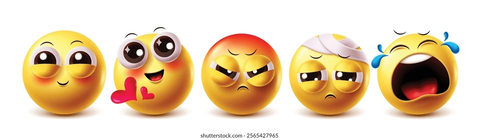 Angry emoji vector characters set. Emojis clipart in cute smile, in love, grumpy, bandage and sob facial expressions graphic design elements. Vector illustration angry emoji clip art collection set.
