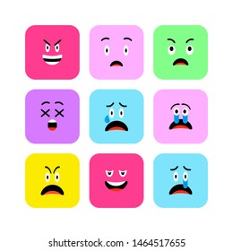 Angry Emojis icons Set flat style. Cute Emoticons rounded square to World Smile Day. Anger, Sadness, Suffering Faces. Colorful Smiles for mobile app, messenger. Expressive avatar. Vector illustration