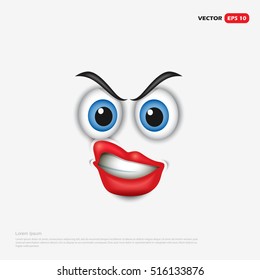 Angry emoticon background with curly lips, emoji, smiley - vector illustration