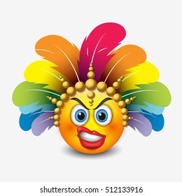 Angry emoticon with curled lips wearing carnival headdress, emoji, smiley - vector illustration