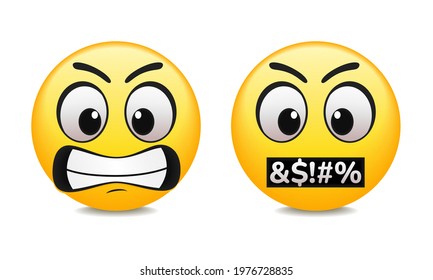 Angry Emoticon. Cute Emoji Swear. Obscene Languague. Cursed, Bad Word, Swearing Or Vulgar Word. Mad Emoji. Illustration Vector