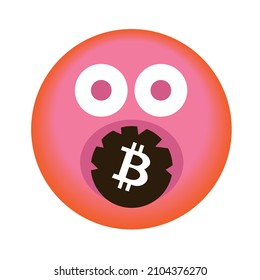Emoticon enojado comiendo bitcoin. Ilustración vectorial aislada en fondo blanco.