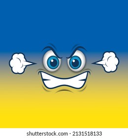 Angry emoticon, emoji with Ukraine flag colors - vector illustration