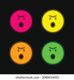 Angry Emoticon Face With Opened Mouth In Rounded Square Outline four color glowing neon vector icon
