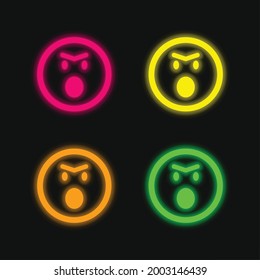 Angry Emoticon Face With Opened Mouth In Rounded Square Outline four color glowing neon vector icon