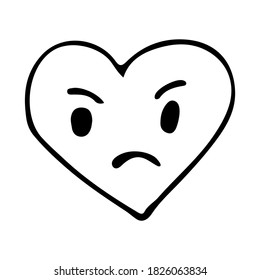 Angry emoticon heart shape doodle illustration in vector. Hand drawn angry emoticon icon heart shape in vector
