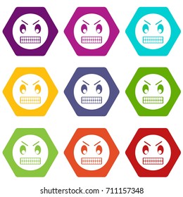 Angry emoticon set many color hexahedron isolated on white vector illustration