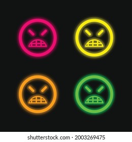 Angry Emoticon Square Face With Closed Eyes four color glowing neon vector icon