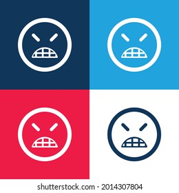 Angry Emoticon Square Face With Closed Eyes blue and red four color minimal icon set