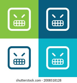 Emoticon de enojo cuadrado cara plana cuatro colores mínimo conjunto de iconos