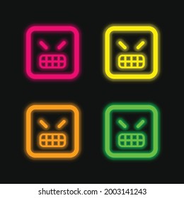 Angry Emoticon Square Face four color glowing neon vector icon