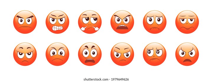 Angry emoticons set. Furious, red and sad faces. Vector illustration.
