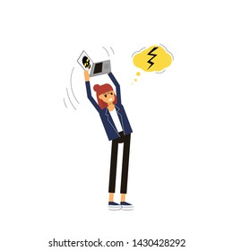 Angry employee is breaking computer which is infected by virus. Isolated on white background. Flat style stock vector illustration.