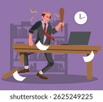 Angry employee or businessman smashing the office, workplace rage, vector illustration.