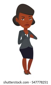 Angry employer pointing at time on wrist watch. African employer checking time of coming of latecomer employee. Concept of late to work. Vector flat design illustration isolated on white background.
