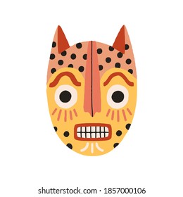 Angry ethnic tribal cat mask showing teeth. Frightening ancient African yellow ritual symbol or souvenir. Flat vector illustration isolated on white background. Clip art element for design