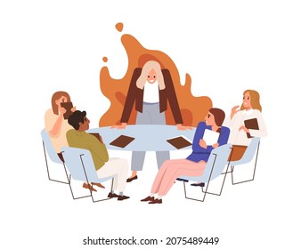 Angry evil boss and nervous tensed employees at business meeting. Annoyed furious dissatisfied mad woman in bad mood and team in stress and fear. Flat vector illustration isolated on white background