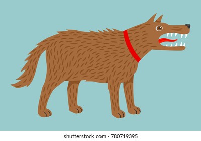 Angry evil brown dog in red collar. Vector illustration, isolated on blue background