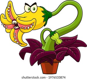 Angry Evil Carnivorous Plant Cartoon Character. Vector Hand Drawn Illustration Isolated On Transparent Background