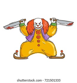 Angry evil clown with a bloody knifes. Vector illustration