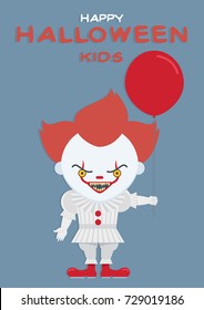 Angry evil clown with a red balloon said Happy Halloween Kids. Vector illustration