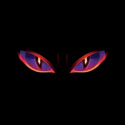 Angry Evil Eyes With Glowing Red And Purple Colors - Halloween Monster Or Dangerous Fantasy Creature With Reptile Stare On Black Background, Isolated Vector Illustration.