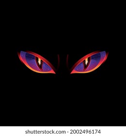 Angry Evil Eyes With Glowing Red And Purple Colors - Halloween Monster Or Dangerous Fantasy Creature With Reptile Stare On Black Background, Isolated Vector Illustration.