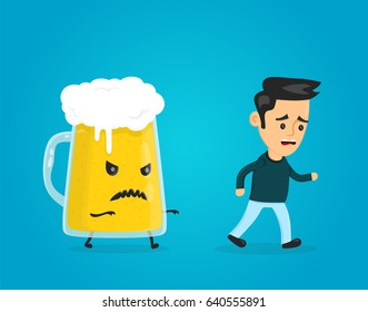 Angry evil glass of beer chasing a man. vector flat style fun cartoon character modern illustration design. alcohol addiction concept