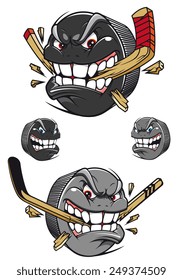 Angry evil hockey puck chomping an ice hockey stick with a toothy leer, two color variants and two with faces and no stick