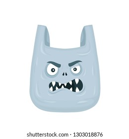 Angry evil plastic bag. Vector flat cartoon character illustration icon design. Isolated on white background.Pollution problem concept.Say no to plastic bags poster concept