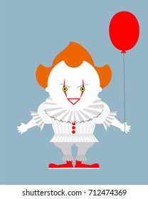 Angry evil red-haired clown with a red balloon. Vector illustration