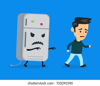 Angry evil refrigerator runs after a frightened man.Vector flat cartoon character illustration icon design. Isolated on blue background. Nutrition diet concept