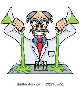 An angry evil scientist dumping out toxic waste all over the table