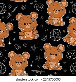 Angry evil teddy bear toy seamless pattern. Revenge quote. Vector cartoon graffiti style logo icon. Dead bear toy,revenge seamless pattern.wallpaper art