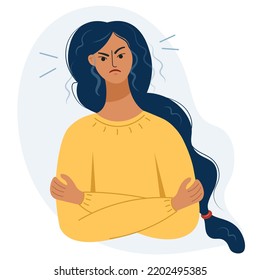 Angry, evil woman outraged irritated expression vector flat illustration. Dark skinned girl feels stress and negative emotions. Grumpy female character with a displeased expression.