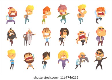 Angry and exasperated men set for label design. Colorful cartoon detailed vector Illustrations