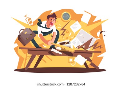 Angry and exasperated worker crushed workplace. Cartoon wrathful man destroys work position with baseball bat vector illustration flat concept. Nervous breakdown because of problems or stress at work